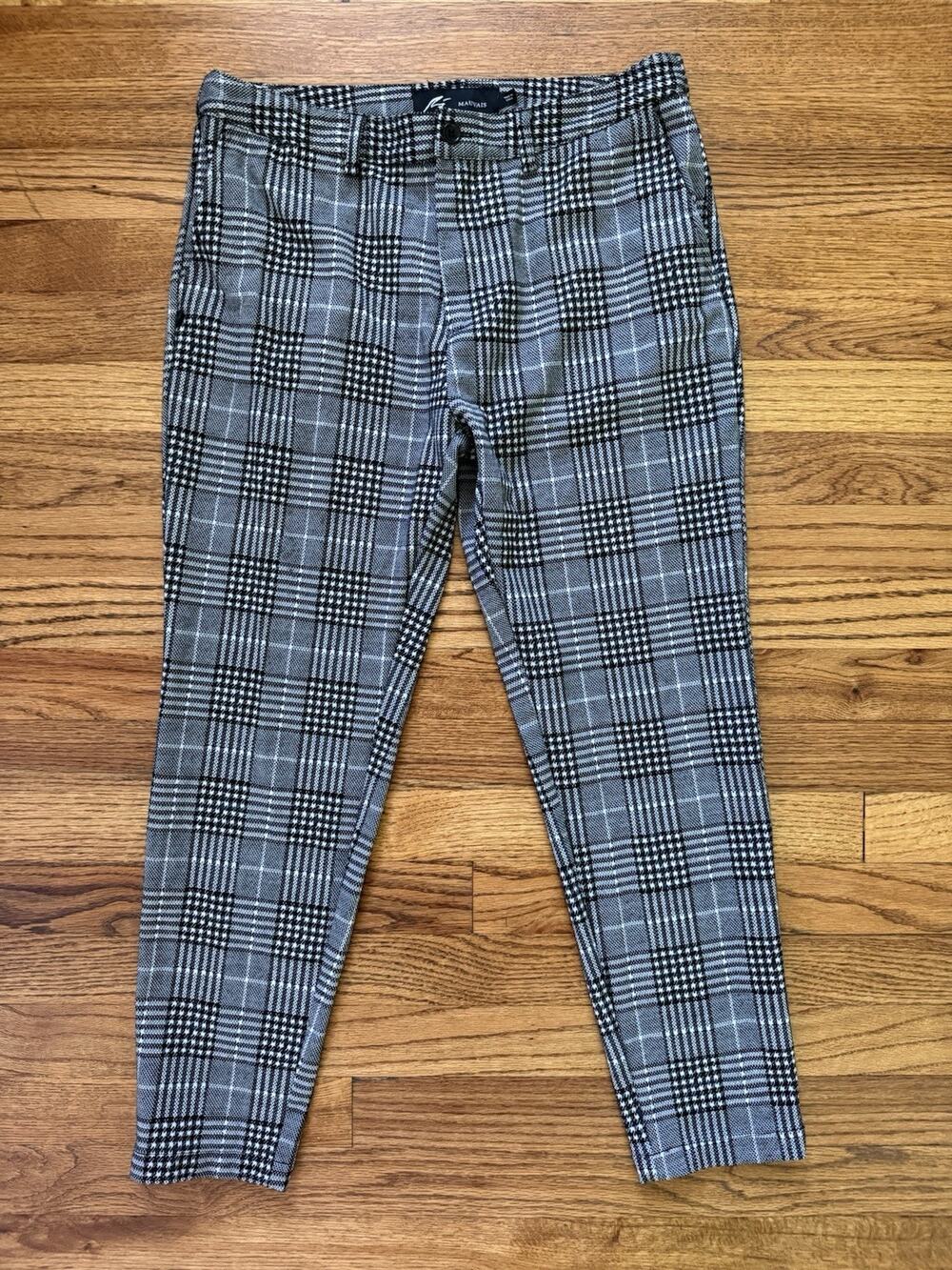 MAUVAIS Mens Plaid Smart Trousers Size 32 Grey Black Check